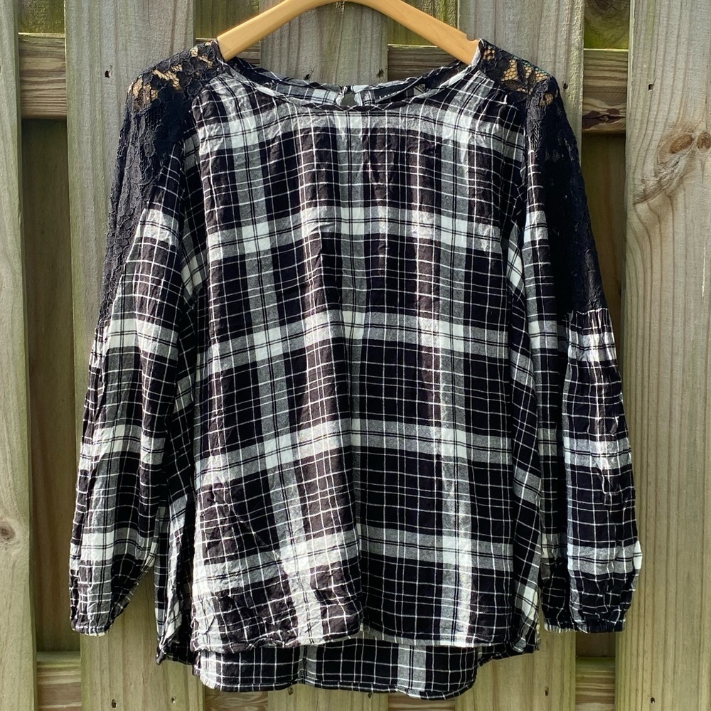 Lane Bryant Black White Plaid Blouse Lace Shoulder